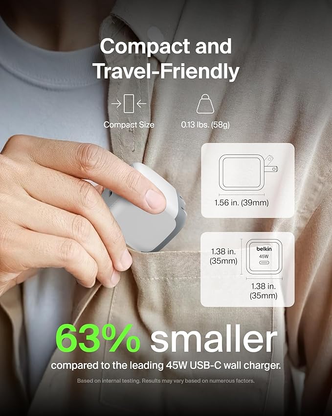 Belkin Compact Wall Charger 45W, USB-C PD Fast Charging, USB-C Cable Included, Apple iPhone 17, 16 Series, Samsung Galaxy S26, S25 Series, Pixel 10, MacBook, iPad, AirPods, & More - White (2-Pack)