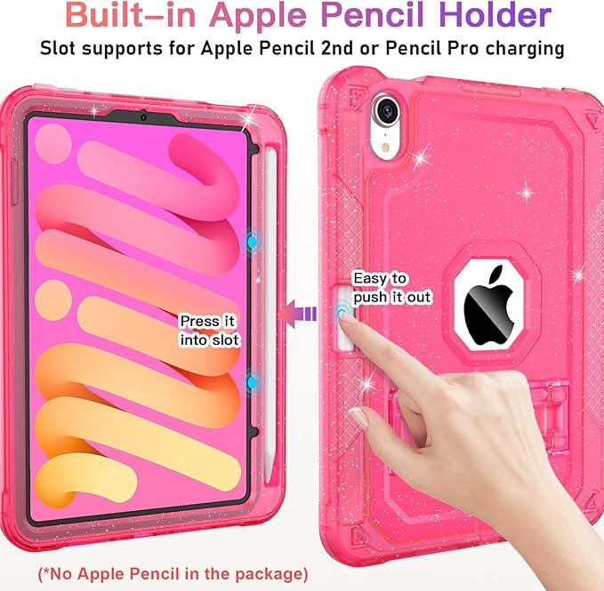 ZoneFoker Case for iPad mini A17 Pro, for iPad mini 7th/6th Generation Case 8.3 inch 2024/2021 with Pencil Holder/Stand, Slim Cover for i Pad Mini 7/6 (Translucent Glitter Hot Pink)