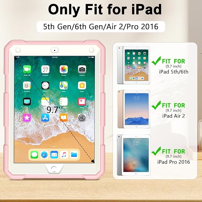 MENZO Shockproof Case for iPad 5th Gen/6th Gen/Air 2/Pro 9.7-inch with 360° Swivel Stand, Pencil Holder, Detachable Hand and Shoulder Strap, Beige+Pink