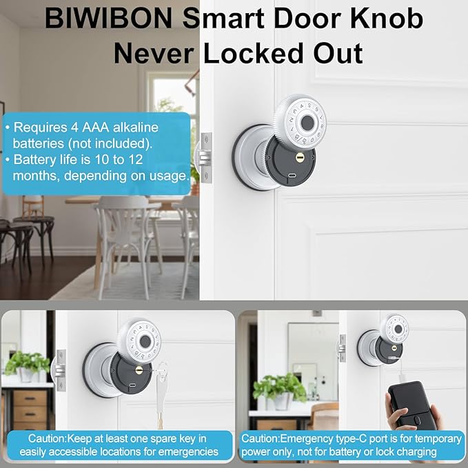 BIWIBON 4-in-1 Smart Door Knob, Fingerprint Door Knob with App Control, Smart Fingerprint Door Lock with Keypad, Real Privacy Mode, Auto Lock, Ideal for Home, Bedroom, Garages &Office, Silver,1 Pack