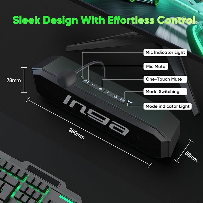 INGA Computer Speakers with Detachable Mic, Plug-and-Play USB Soundbar with Dynamic Lighting, Game/Music Modes, Compatible with PC, Laptop, PS5, Mac