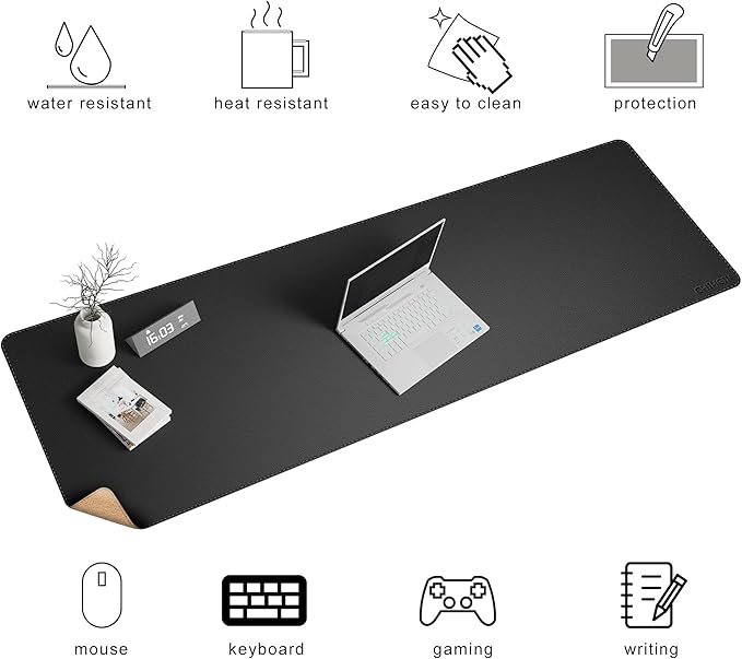 Chihein 63” x 20” Cork & PU Leather Desk Mat (Black) - Huge Mouse Pad, Double Sided Waterproof Desk Pad Protector for Gaming, Office, Home