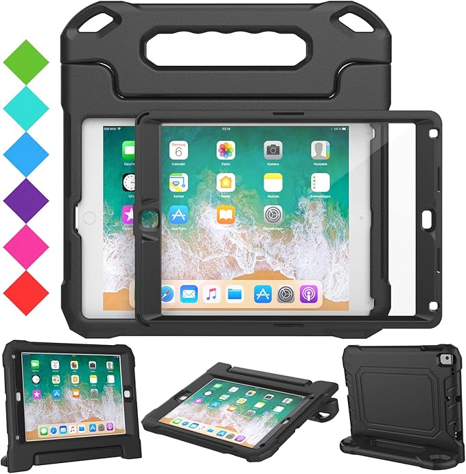 SUPLIK Kids Case for iPad 5th/6th Generation (9.7 inch, 2017/2018), iPad Air 1 & Air 2 & Pro 9.7 Case with Screen Protector, Durable Shockproof Kids Cover with Handle Stand, Black