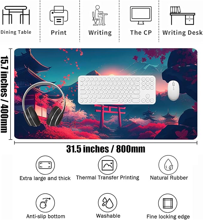 Japanese Mouse Mat, Large Extended Gaming Mouse Pad with Stitched Edges, Non-Slip Waterproof Rubber Base Mouse Pad for Office, Computer, Keyboard, Laptop and Home Desk Pad 31.5 x 15.7 Inch