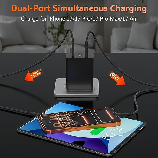 100W USB C Charger for Samsung S26 S25 Ultra, 3-Port GaN Fast Wall Charger with 2 Cables (C-C & A-C), Travel Essentials PD Adapter for MacBook Pro,for iPhone 17 16 15/iPad, Laptop - Black