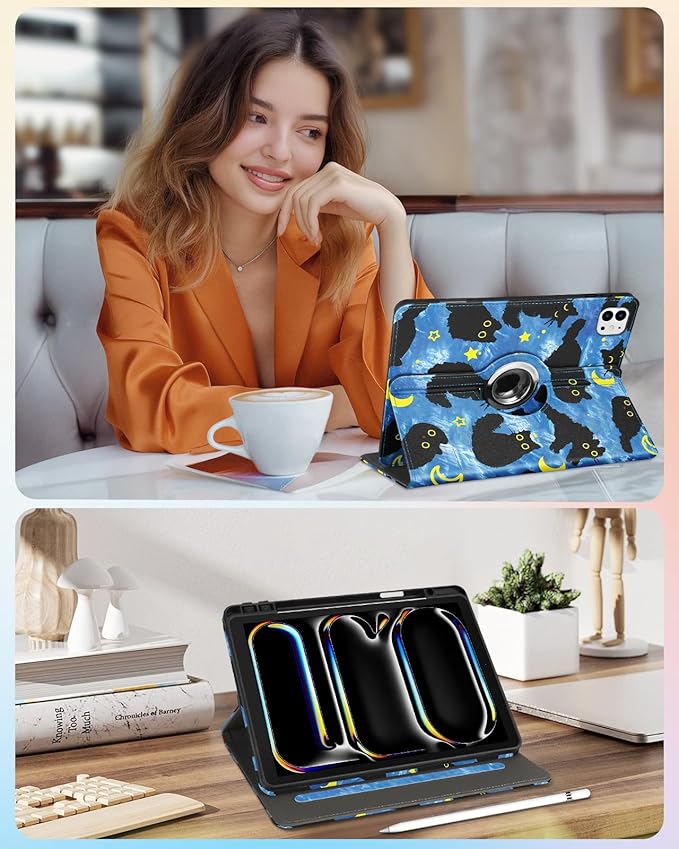 Kidcube for iPad Pro 13 Inch Case M4 2024 - Women Girls Cute Rotating Stand Folio Cover with Pencil Holder & Card Slot Girly Cat Stars Blue Design for iPad Pro 13 Inch Case 2024 (A2925 A2926 A3007)