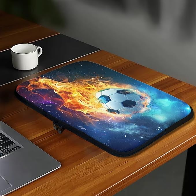 Water Flame Football Computer Sleeve for Men 10 InchLaptop Sleeve Neoprene Laptop Covers with Padded Compartment Lap Top Case Soccer Computer Carrying Bag