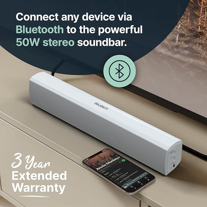 Majority 15 Inch White Soundbar for TV, Bluetooth Sound Bar 50 Watts, Home Audio Speaker, Small PC Soundbar Speaker | AUX, RCA, Optical, USB | Gaming, Music, Movies | Bowfell