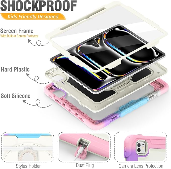 HXCASEAC for iPad Pro 13 Inch Case (M5/M4) 2025/2024, Shockproof Design with Pencil Holder, Protector, Rotating Stand, Hand Strap, Heavy Duty Protective iPad Pro13 Cover A3360 A2925, Rainbow Pink