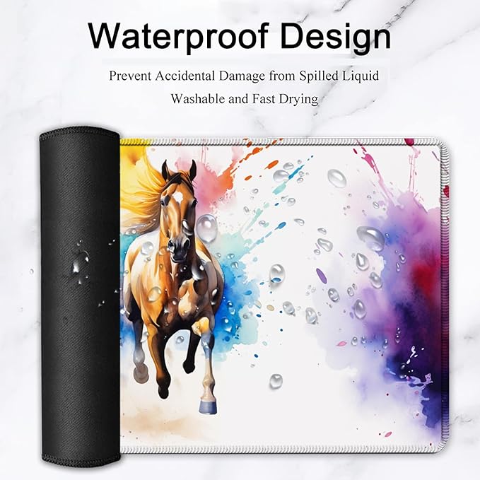 Large Mouse Pad, 31.5 x 11.8in Extended Gaming Mouse Pad with Stitched Edges, XXL Mousepad Protector Non Slip Rubber Base for Office & Home Writing Mat, Watercolor Horse Running Pattern White Desk Mat