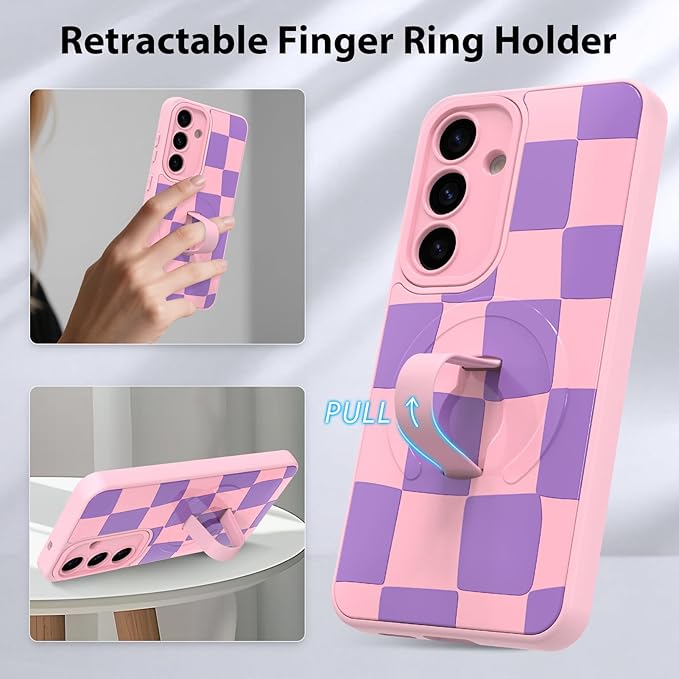 KANGHAR Compatible with Samsung Galaxy S25 Case, Support for MagSafe, Silicone Checkered Cute Pattern, Wristband Kickstand Camera Protection Soft Slim Cover for Girls Women -Pink