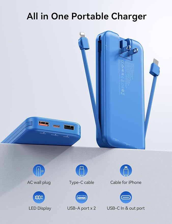 10000mAh Ultra-Portable-Charger-Power-Bank with Built in Cables&AC Wall Plug, PD20W USB-C Fast Charging Cell Phone Charger Battery Pack,LED Display Travel Battery Bank for All iPhone,Samsung,Android