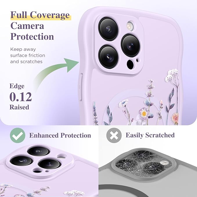 GVIEWIN for iPhone 15 Pro Case Compatible with MagSafe [Curly Wave Edge][Full Camera Protection] Floral Translucent Shockproof Magnetic Women Phone Case for iPhone 15 Pro 6.1'', Floratopia/Purple