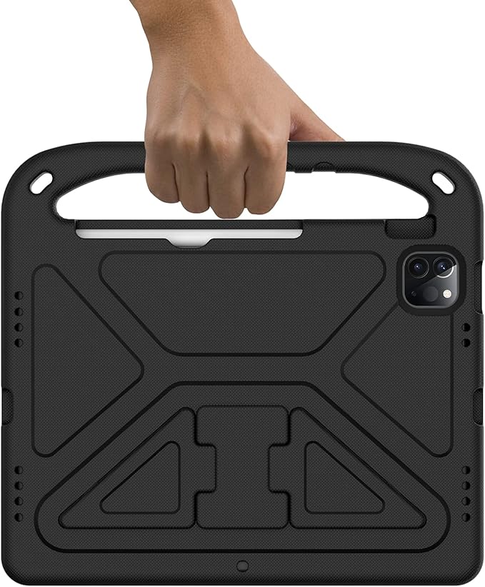 Dteck Kids Case for iPad Air 11" M2 (2024) & iPad Pro 11" M4 (2024) with Pencil Holder, Shockproof Rugged Protective Handle Stand, EVA Foam Case, Black