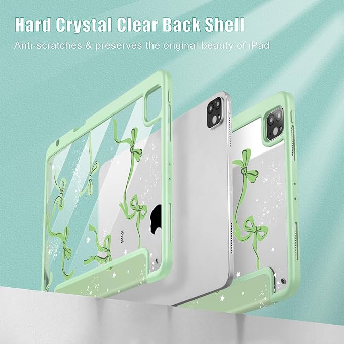 Tuiklol for iPad Pro 12.9 Inch 6th/5th/4th/3rd Generation 2022 2021 2020 2018 Case,Built-in Pencil Holder Clear Transparent Protective Back Shell Cover with Auto Sleep/Wake, Bow-Green