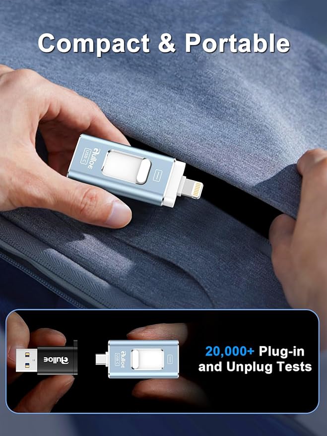 Gulloe 256GB Dual Interface Flash Drive for Phone Storage Photos Videos, Phone USB Backup External Photo Memory Stick - No App Required, Compatible with iPhone, iPad, Android & PC (Mist Blue)
