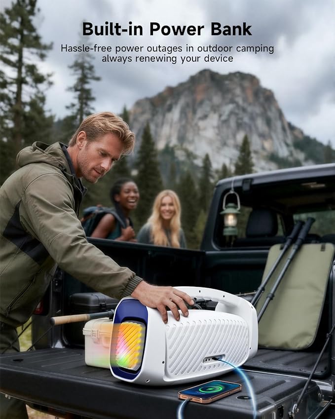 RWN Outdoor Bluetooth Speaker: 160W Loud Sound, IP67 Waterproof with 24H Playtime, Fast Charge, Bass, TWS, Portable Wireless Speakers with Light Show for House, Party, Projector, Beach (Blue+White)