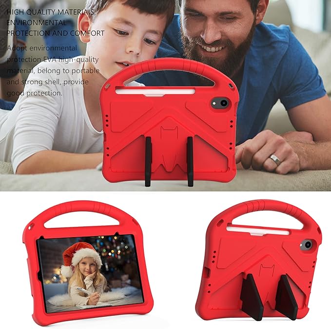 Light Weight Shock Proof EVA Foam Rugged Handle Stand Kids Friendly Anti-Slip Grip Protective Case for iPad Mini 7 (2024) & 6th Generation, Red