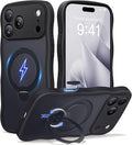 CAPRARO for iPhone 17 Pro Case with 360° Spin Magnetic Stand for Women, [Compatible with MagSafe] [Full Camera Protection] Cute Wave Translucent Matte Case for iPhone 17 Pro, Black