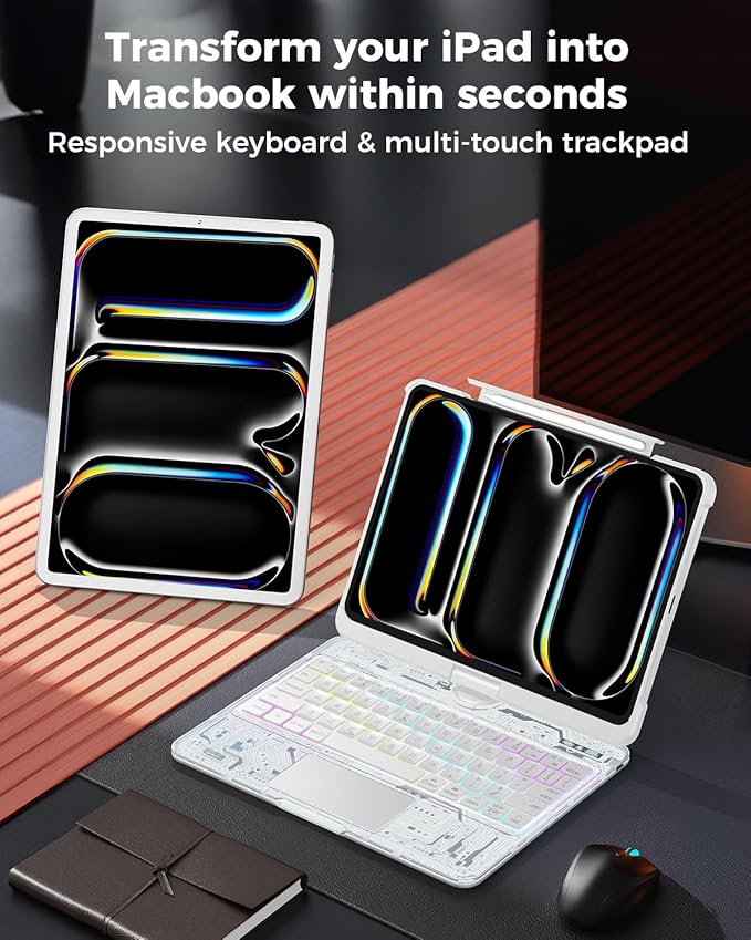 SIBEITU Keyboard Case for iPad Pro 11 Inch (M5 2025 / M4 2024), 360 Rotatable iPad Pro 11 Clear Cover with Multi-Touch Trackpad, 7-Color Backlight & 3 Brightness, High-Tech Visible PCB Design, White