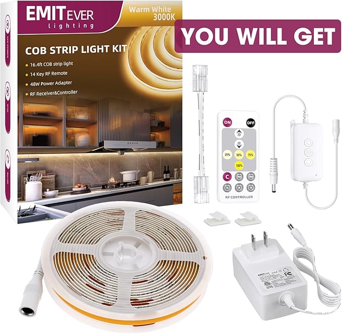 EMITEVER LED Strip Light Warm White 3000K 16.4ft,24V DC COB Dimmable Tape Lights with RF Controller,Premium High Density Power Adapter,1600LEDs Suitable for Bedroom,Kitchen Cabinets,Indoor Use