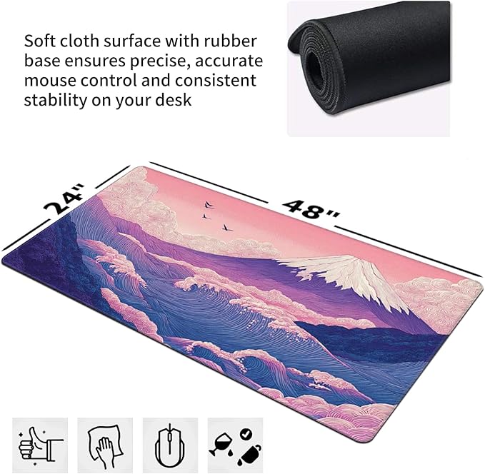 Japanese Mouse Pad with Stitched Edges, Extra Large Desk Mat Gaming Mousepad XXXL Computer Keyboard Mat Waterproof Non-Slip Rubber Mice Pads for Office Desk Decor(Purple, 48" x 24")