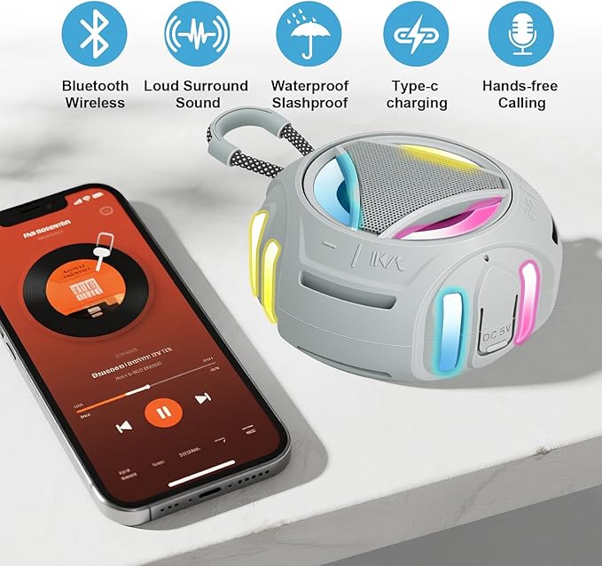 Portable Bluetooth Speaker, IPX7 Waterproof Shower Speaker, Wireless Outdoor Speakers, Floating, Built-in Mic, 24H Playtime with LED Lights, Loud HD Sound, Powerful Bass, Gifts for Unisex - Gray