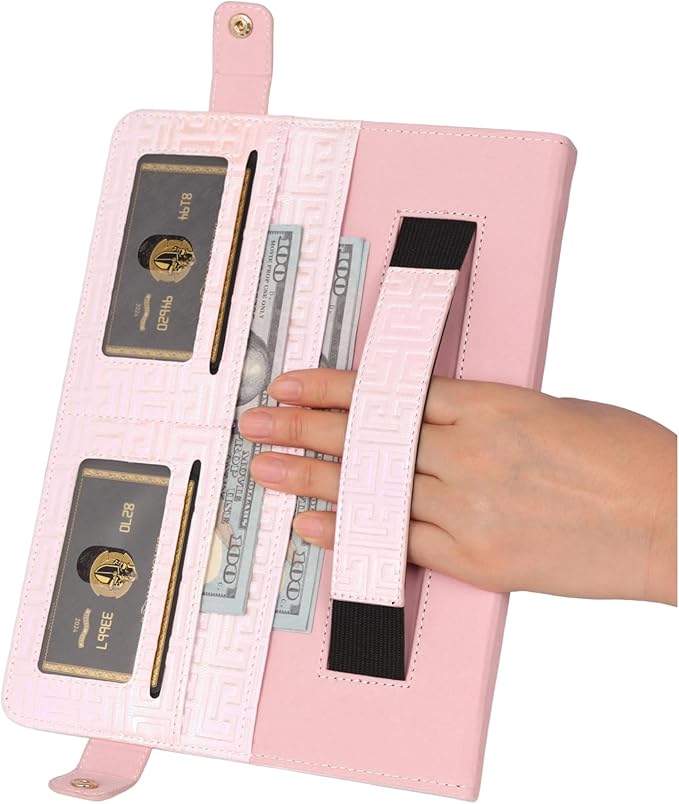 Shiny Case for iPad mini 7 2024/Mini 6th Gen Handbag Case, Techcircle Iridescent PU Leather Folio Envelope Pocket Stand Cover with Hand Strap+Shoulder Strap+Pencil Holder+Card Slots, Shiny Pale Pink