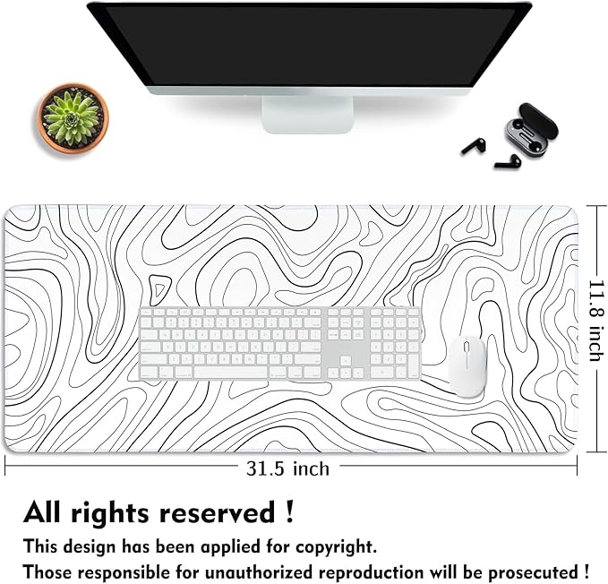 White Topographic Mouse Pad XXL - Extended Gaming Mousepad, Large Non-Slip Desk Mat for Keyboard and Mouse