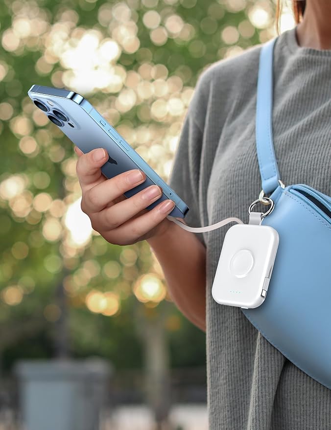 RORRY Portable Charger, 5000mAh Portable Charger Power Bank with Built-in Cables, Travel Keychain Battery Pack for Apple Watch Ultra/11/10/9/8/7/6/SE, iPhone Air/17/16/15/14/13/12, White