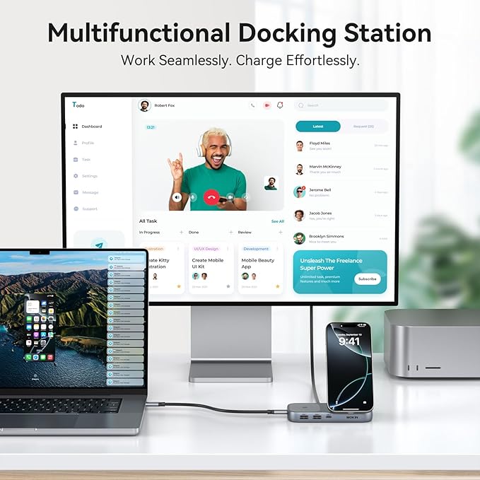 MOKiN USB C Hub with 15W Qi2 Wireless Charger, Laptop Docking Station to 4K HDMI, 100W PD, 10Gbps Ports, 15W+5W Wireless Charging Stand for iPhone 16/15/14/13 & Airpods, USBC Dock for MacBook/Windows