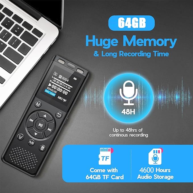 Tonfarb 64GB Digital Voice Recorder with Playback,Audio Recording Device for Lectures Meeting/Classes/Interviews,Tape Recorder with Voice Activated,Password,Noise Reduction,A-B Repeat,MP3 Player Etc