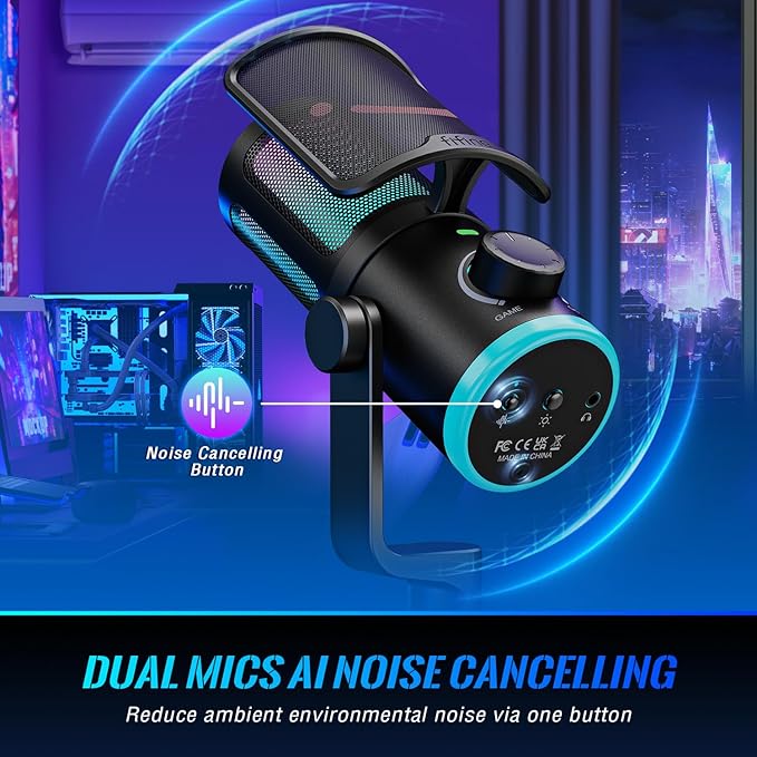 FIFINE Gaming PC Microphone, USB Streaming Microphone with Game Chat Balance, Computer Condenser Desktop RGB Mic with Mute Button, Noise Cancellation for Podcast/Twitch/Discord-AMPLIGAME AM6