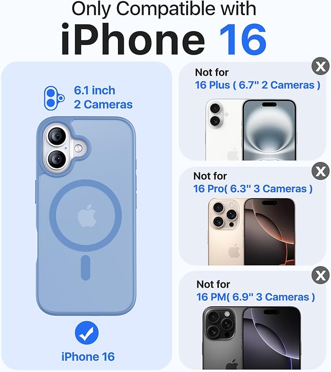 Magnetic for iPhone 16 Case, [Compatible with MagSafe][Military-Grade Drop Protection][Anti-Yellowing] Shockproof Protective Translucent Matte Cover for iPhone 16 Phone Case,Light Blue