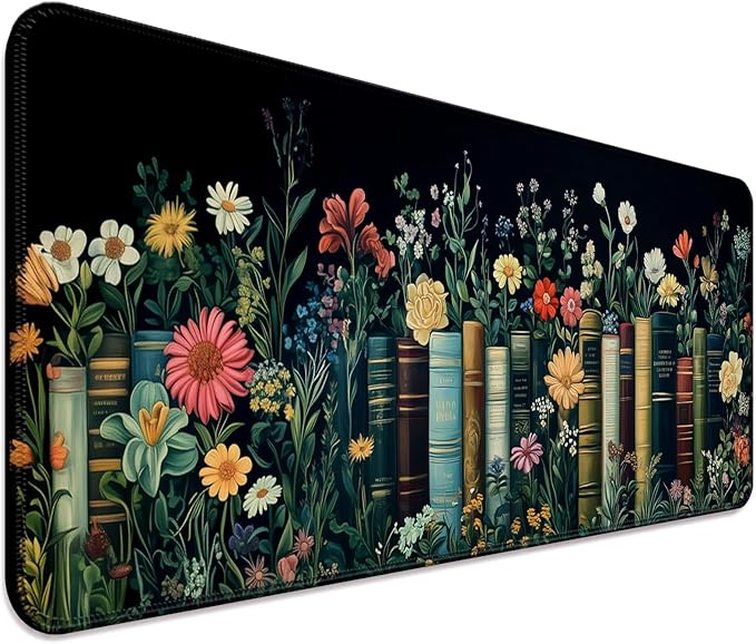 Fantasy Pretty Wildflower and Book Gaming Desk Mat, Computer Keyboard Large Extended Long Floral Mouse Pad for Office and Home, XL (W02)