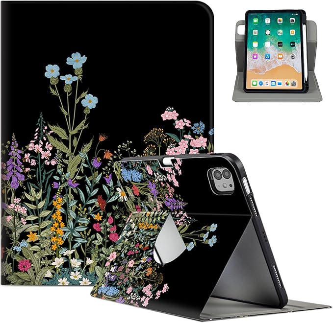 for iPad Air M4/M3/M2 11 Inch Case 2026/2025/2024, for iPad Air 5Th/4Th Gen Cases for iPad Pro 11 Inch Case 4th/3rd/2nd/1st Generation, 360 Degree Rotating Pencil Holder, Slim, Black Flowers