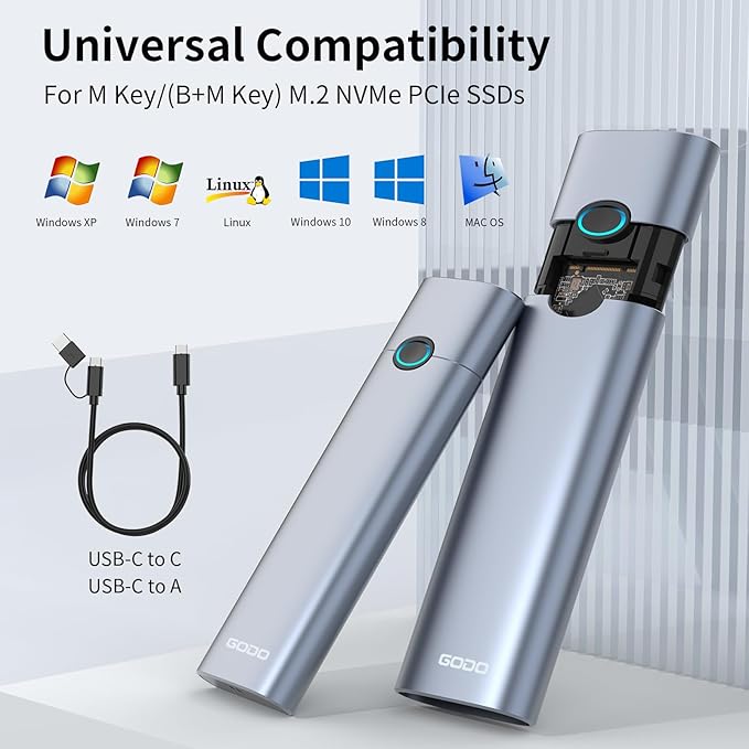 GODO M.2 NVMe Hard Drive Enclosure Adapter Type C USB 3.2 Gen 2 (10 Gbps) to NVME PCI-E M-Key/(B+M) Key Support UASP Trim for SSDs 2280/2260/2242/2230 Tool Free Aluminum