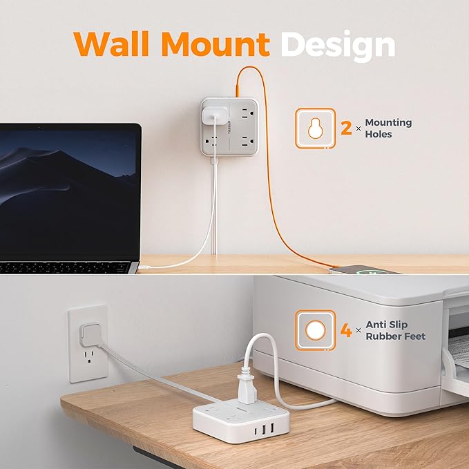 TESSAN Surge Protector Flat Extension Cord 3Ft, Ring Plug Power Strip with 4 Outlets 3 USB Ports (1 USB C), 900 Joules Protection, Multiple Wall Outlet Extender Suitable for Home Office Dorm, Grey