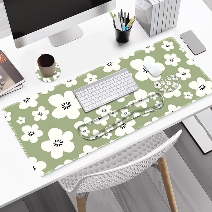 Large Gaming Mouse Pad Set, 4 in1 Ergonomics Keyboard Desk Mat w/Memory Foam Wrist Rest, Computer Extended Game Mousepad, Non-Slip Desk Matt Pad Easy Typing Pain Relief I Green Lucky Florals