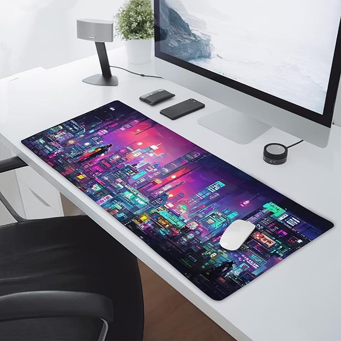 Retro Japanese Anime Gaming Mouse Pad XXL Cool Dark Purple Red Vaporwave City Extended Large Desk Mat Big Mousepad Non-Slip Rubber Base Stitched Edge Long for Computer, 35.4x15.7 in
