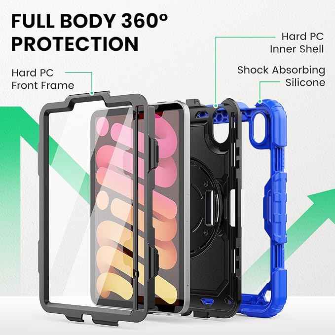 SEYMAC Case for iPad mini 7th Generation (A17 Pro) 2024/ Mini 6th Generation 8.3 Inch, Full-Body Shockproof Protective Case with Screen Protector, 360° Rotating Stand, Hand/Shoulder Strap, Blue