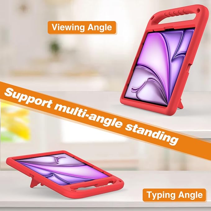 for iPad Air 11" M4 M3 M2 2026 2025 2024 Case for Kids, iPad Pro 11 Inch M5 M4 Case 2025 2024, Soft EVA Handle with Shoulder Strap Stand Cute Kids Friendly Bumper Cover, Red