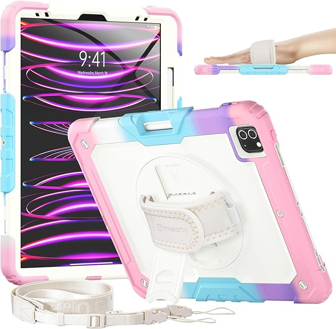 Timecity for iPad Pro 12.9 Case 6th/5th/4th/3rd Gen, 360° Rotating Stand, Pencil Holder & Wireless Charging, Shockproof with Screen Protector & Shoulder Strap - for Designers & Professionals-Pink Camo
