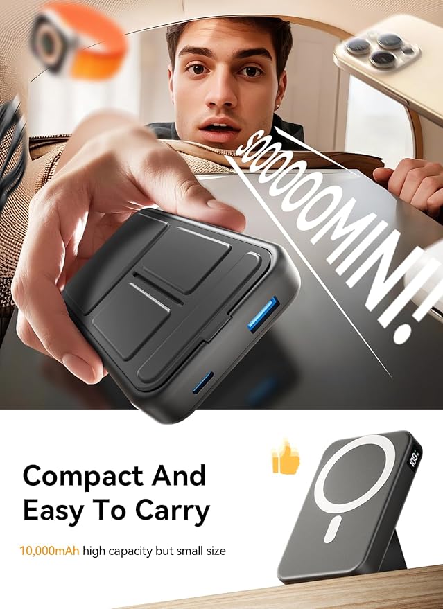 for Magsafe Power Bank, 10000mAh Wireless Portable Charger with Foldable Stand, 20W PD Fast Charging, Travel Essential for Magsafe Battery Pack, Compatible with iPhone 17/16/15/14 Series