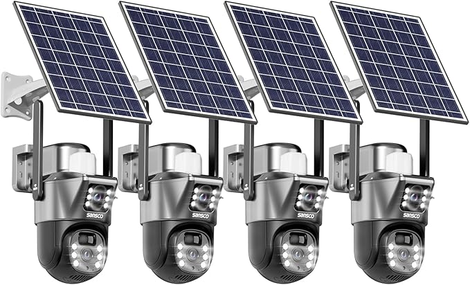 SANSCO 2K Dual Lens Solar Security Camera Wireless Outdoor, No Wires Needed, 2.4G & 5G WiFi, 360° PTZ Home Security Camera, Spotlight Color Night Vision, 2-Way Audio, PIR Motion Detection (4 Pack)
