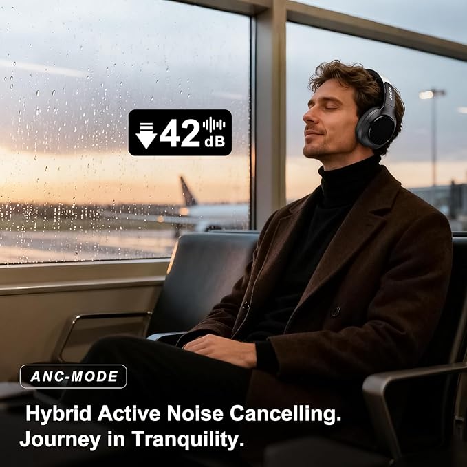 Hybrid Active Noise Cancelling Headphones, Bluetooth 6.0 Over Ear Headphones, 120H Battery Fast Charging, Hi-Res Audio, Transparency Mode, Deep Bass, Memory Foam Comfort Fit for Travel Office Home