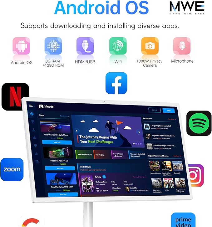 22 Inch Portable TV on Wheels, 2K Smart Touch Screen Rolling TV LCD Display with Wires plugged in use, Android OS, Type-C, USB, HDMI Port, Support Wireless Mouse Keyboard