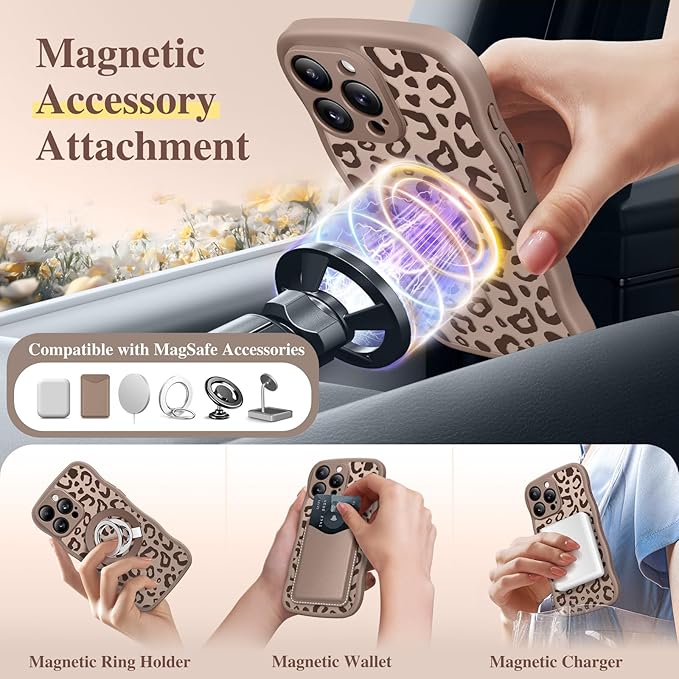 GVIEWIN for iPhone 16 Pro Max Case Compatible with MagSafe [Curly Wave Edge][Full Camera Protection] Floral Translucent Shockproof Magnetic Women Phone Case for 16 Pro Max, Leopard/Brown
