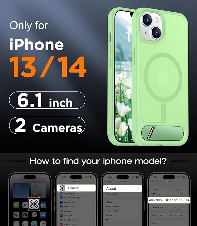 Magnetic Compatible with iPhone 14 Case/iPhone 13 Case,[Built-in Invisible Kickstand][Compatible with MagSafe][Military Grade Shockproof] Slim Translucent Matte Phone Case for iPhone 14/13 6.1"