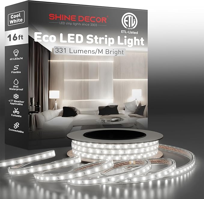 Shine Decor LED Strip Light Easy Connectable, 6000K Cool White Cold Resist Weatherproof Plug-in for Indoor Outdoor, 101 LM/FT Dimmable Bright Eco Rope Lighting 16.4FT, 120V Whole Set ETL Listed
